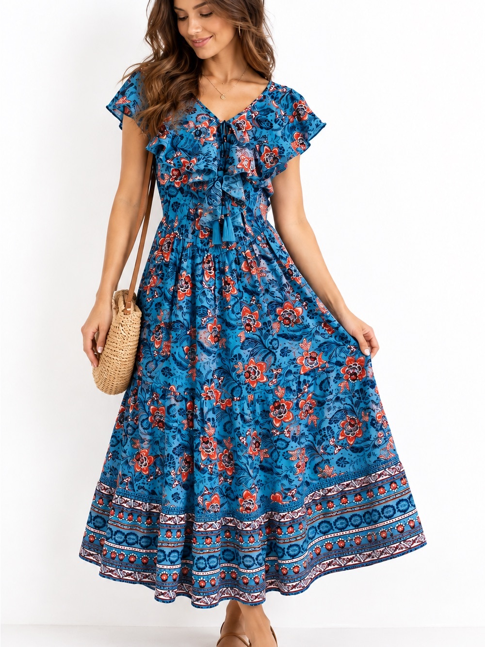 Band of Gypsies Teal Blue Floral Ruffle Maxi Dress
